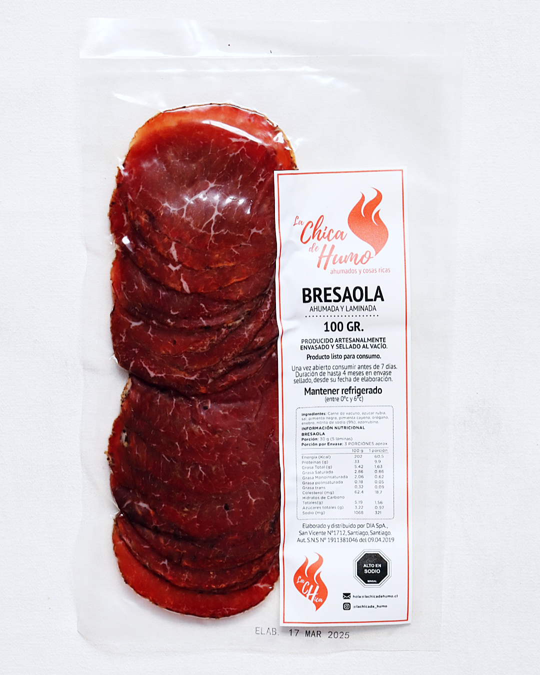 Bresaola Ahumada en láminas, fiambre de carne de vacuno curada y ahumada, 100 gr.