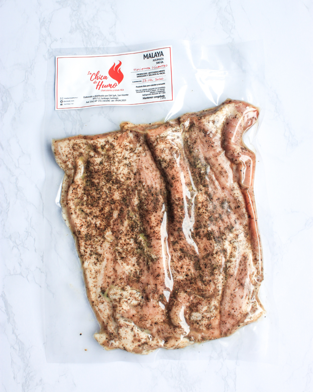 Malaya Ahumada envasada al vacío, con especias, lista para preparar un delicioso asado.